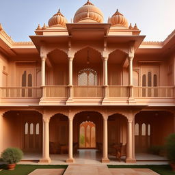 Generate an image of an Indian house design embodying traditional architectural elements such as courtyards, pillared balconies, and ornate latticework, fused with modern aesthetics for a refreshing look.