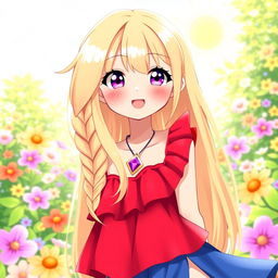 A joyful summer eladrine character, with long blonde hair styled in a braid on one side