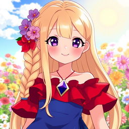 A joyful summer eladrine character, with long blonde hair styled in a braid on one side