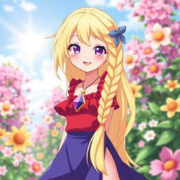 A joyful summer eladrine character, with long blonde hair styled in a braid on one side