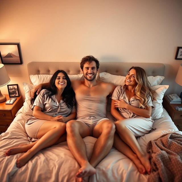 A cozy and intimate bedroom scene featuring two women and one man lounging comfortably on a bed