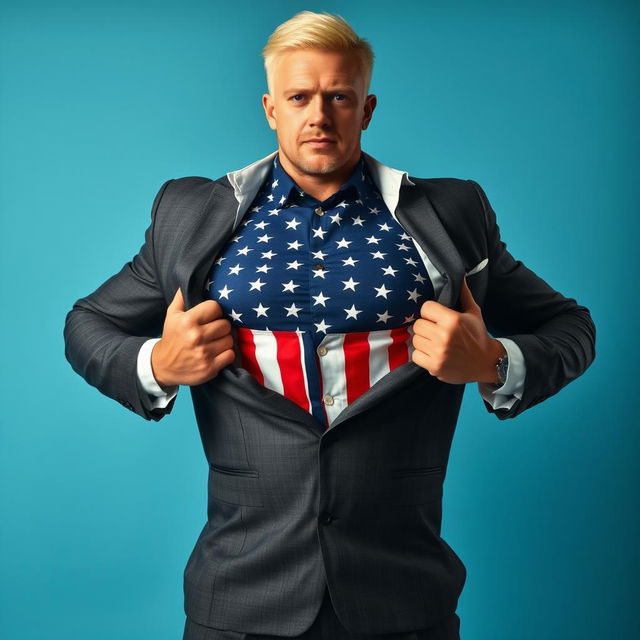 A powerful image of a muscular blond man in a sharply tailored suit, dramatically opening his shirt to reveal a bright and bold American flag underneath