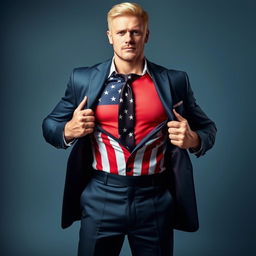 A powerful image of a muscular blond man in a sharply tailored suit, dramatically opening his shirt to reveal a bright and bold American flag underneath