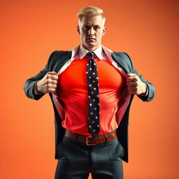 A powerful image of a muscular blond man in a sharply tailored suit, dramatically opening his shirt to reveal a bright and bold American flag underneath
