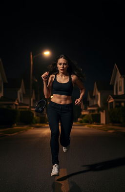 A young woman running in the middle of a suburban street at night, wearing black pants and a stylish crop top