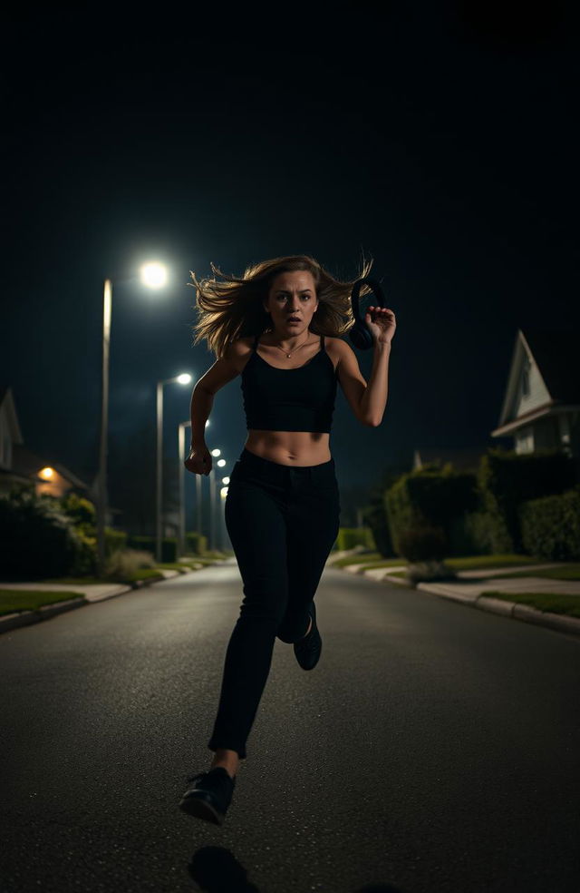 A young woman running in the middle of a suburban street at night, wearing black pants and a stylish crop top