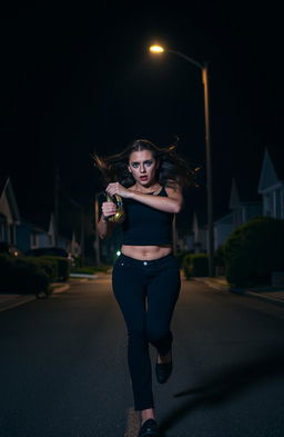 A young woman running in the middle of a suburban street at night, wearing black pants and a stylish crop top