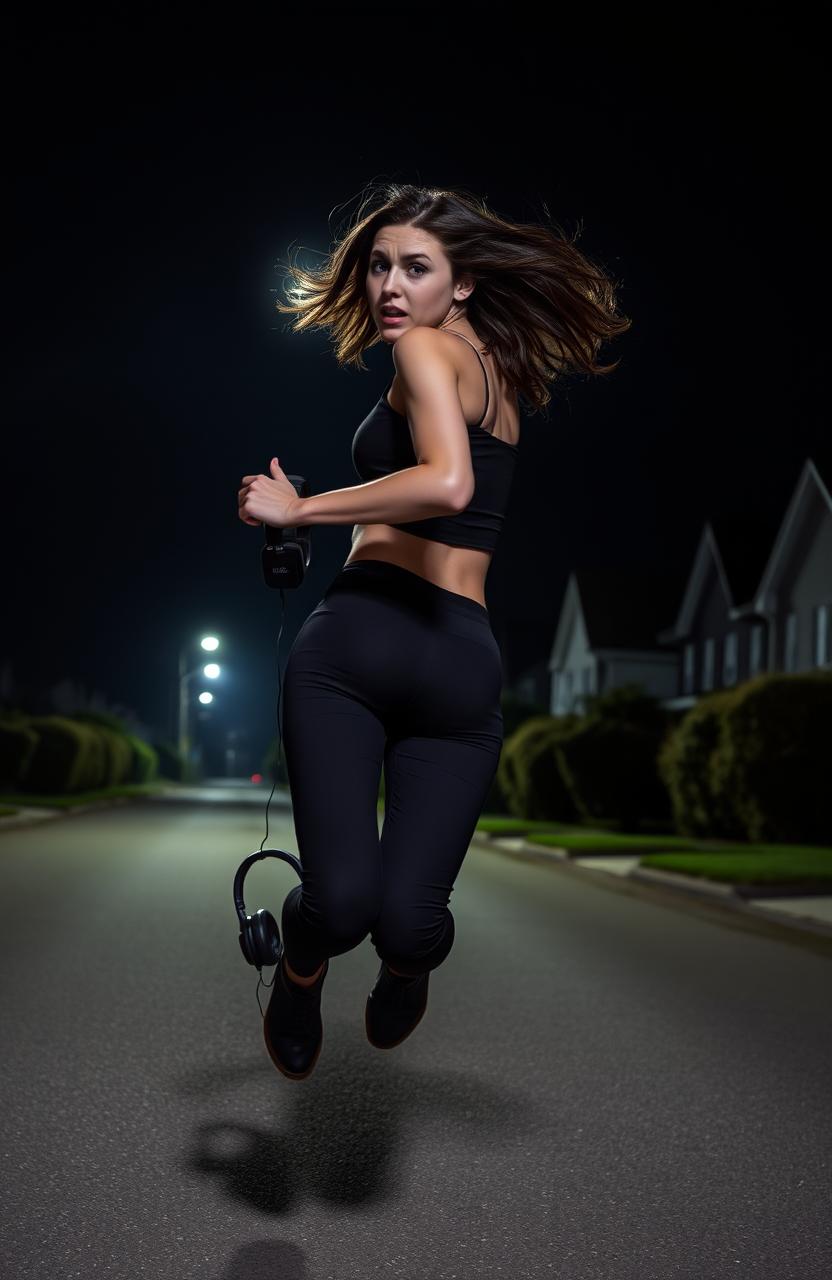 A young woman running in the middle of a suburban street at night, wearing black pants and a stylish crop top