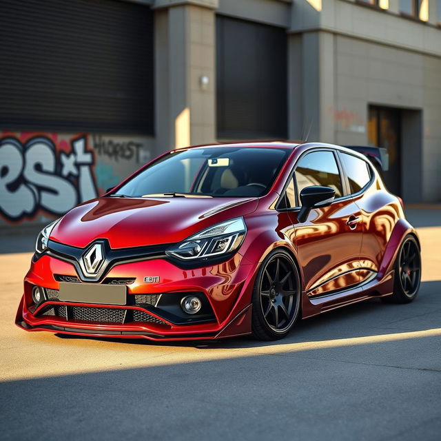 A Renault Clio Phase 1 with a wide body kit, painted in metallic blood red color