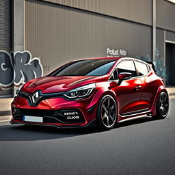 A Renault Clio Phase 1 with a wide body kit, painted in metallic blood red color