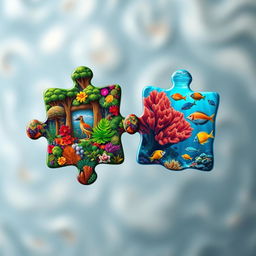 Two intricately designed puzzle pieces, each featuring colorful and complex patterns that represent nature - one piece with a vibrant forest scene including detailed trees, flowers, and wildlife, while the other showcases an underwater scene with a vivid coral reef, tropical fish, and shimmering water