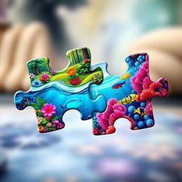 Two intricately designed puzzle pieces, each featuring colorful and complex patterns that represent nature - one piece with a vibrant forest scene including detailed trees, flowers, and wildlife, while the other showcases an underwater scene with a vivid coral reef, tropical fish, and shimmering water