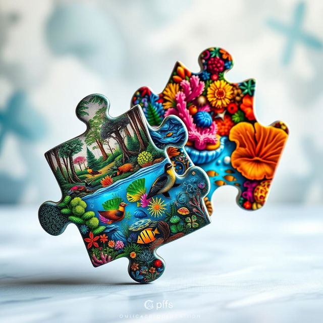 Two intricately designed puzzle pieces, each featuring colorful and complex patterns that represent nature - one piece with a vibrant forest scene including detailed trees, flowers, and wildlife, while the other showcases an underwater scene with a vivid coral reef, tropical fish, and shimmering water