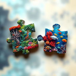 Two intricately designed puzzle pieces, each featuring colorful and complex patterns that represent nature - one piece with a vibrant forest scene including detailed trees, flowers, and wildlife, while the other showcases an underwater scene with a vivid coral reef, tropical fish, and shimmering water