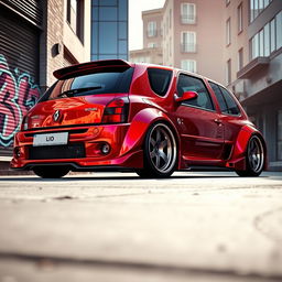A striking scene featuring a 1998 Renault Clio transformed with an aggressive wide-body kit painted in a metallic blood-red finish