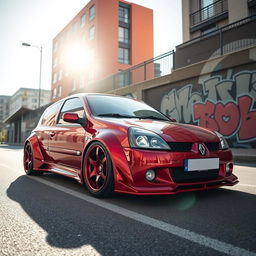 A striking scene featuring a 1998 Renault Clio transformed with an aggressive wide-body kit painted in a metallic blood-red finish