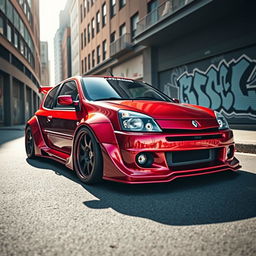 A striking scene featuring a 1998 Renault Clio transformed with an aggressive wide-body kit painted in a metallic blood-red finish