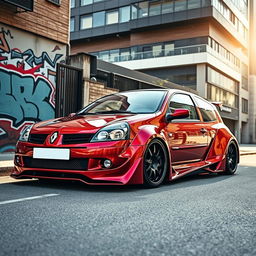 A striking scene featuring a 1998 Renault Clio transformed with an aggressive wide-body kit painted in a metallic blood-red finish