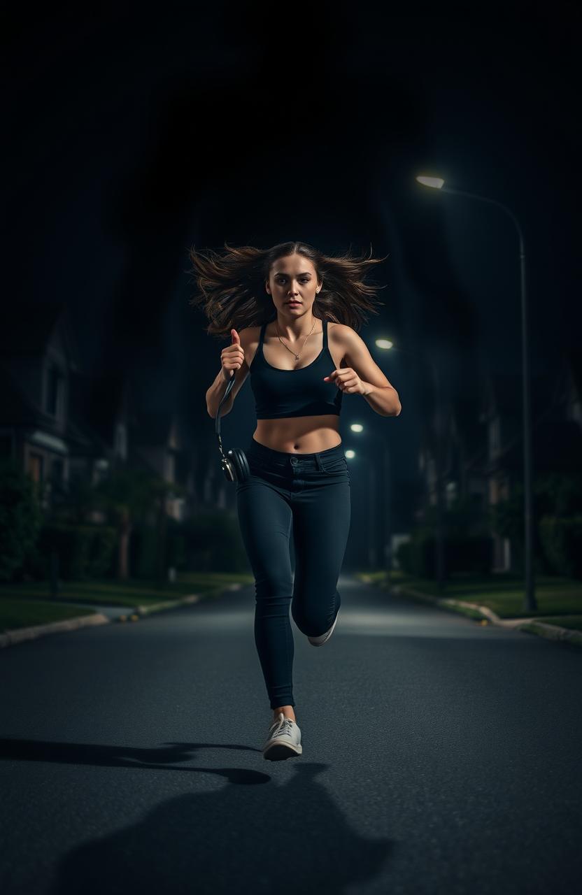 A young woman running through a dark suburban street late at night, wearing black pants and a stylish crop top