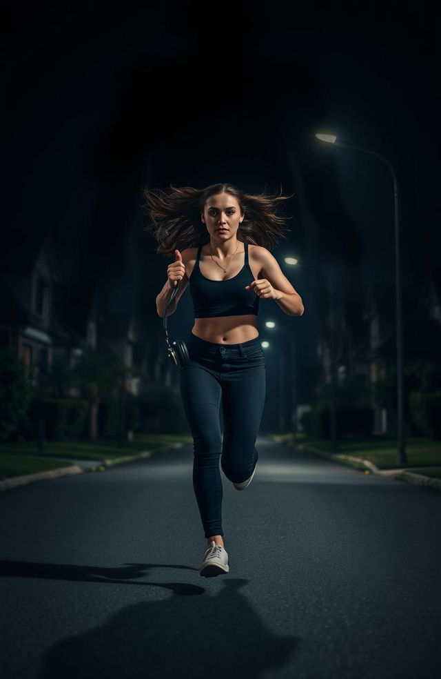 A young woman running through a dark suburban street late at night, wearing black pants and a stylish crop top