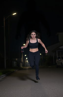 A young woman running through a dark suburban street late at night, wearing black pants and a stylish crop top