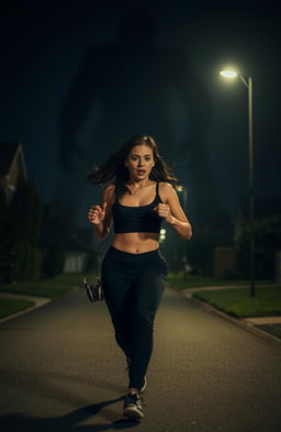 A young woman running through a dark suburban street late at night, wearing black pants and a stylish crop top