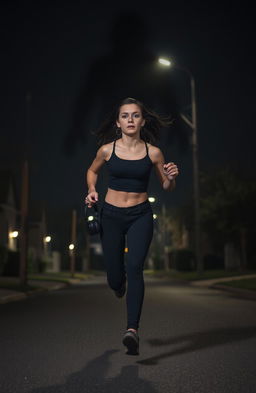A young woman running through a dark suburban street late at night, wearing black pants and a stylish crop top