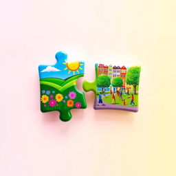 Two colorful puzzle pieces, each vividly designed, featuring bright and bold colors