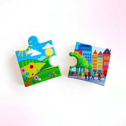 Two colorful puzzle pieces, each vividly designed, featuring bright and bold colors