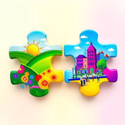 Two colorful puzzle pieces, each vividly designed, featuring bright and bold colors