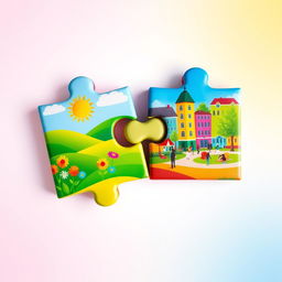 Two colorful puzzle pieces, each vividly designed, featuring bright and bold colors