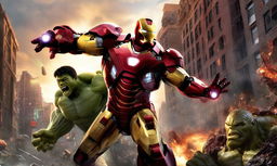 Iron Man in his red and gold armor preparing to strike with his repulsor beam against an enraged Hulk ready to leap in an urban sunset setting