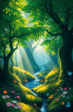 A mystical forest scene titled 'El Secreto del Bosque Brillante', showcasing lush, verdant trees with vibrant green leaves sparkling in the sunlight