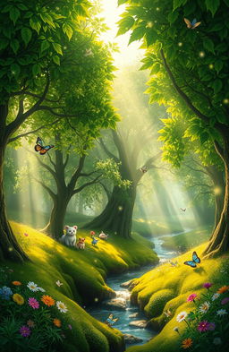 A mystical forest scene titled 'El Secreto del Bosque Brillante', showcasing lush, verdant trees with vibrant green leaves sparkling in the sunlight