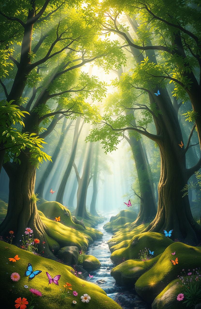 A mystical forest scene titled 'El Secreto del Bosque Brillante', showcasing lush, verdant trees with vibrant green leaves sparkling in the sunlight