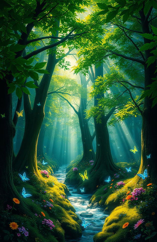 A mystical forest scene titled 'El Secreto del Bosque Brillante', showcasing lush, verdant trees with vibrant green leaves sparkling in the sunlight