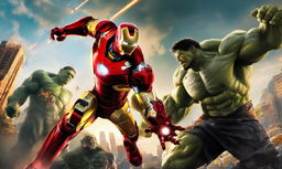 Iron Man in his red and gold armor preparing to strike with his repulsor beam against an enraged Hulk ready to leap in an urban sunset setting