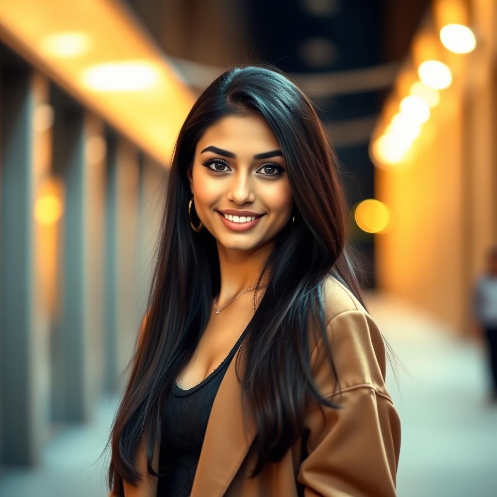 A captivating portrait of Mia Khalifa, a young woman with long, dark hair and striking features, wearing a fashionable outfit