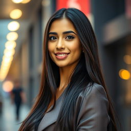 A captivating portrait of Mia Khalifa, a young woman with long, dark hair and striking features, wearing a fashionable outfit