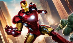 Iron Man in his red and gold armor preparing to strike with his repulsor beam against an enraged Hulk ready to leap in an urban sunset setting