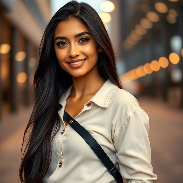 A captivating portrait of Mia Khalifa, a young woman with long, dark hair and striking features, wearing a fashionable outfit