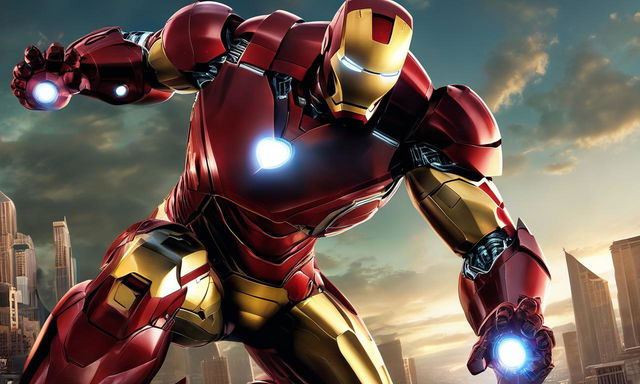 Iron Man in his red and gold armor preparing to strike with his repulsor beam against an enraged Hulk ready to leap in an urban sunset setting