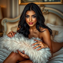 Mia Khalifa, an attractive woman with long dark hair, is depicted in a sensual and artistic way, playfully interacting with a fluffy pillow on a luxurious bed