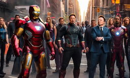 Elon Musk as Iron Man stands with the Avengers in Marvel's New York City