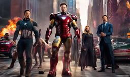 Elon Musk as Iron Man stands with the Avengers in Marvel's New York City