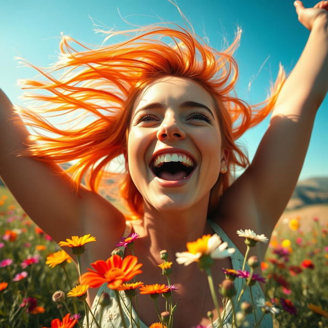 A close-up shot of an ecstatic woman with flowing, vibrant hair, her face filled with joy and excitement as she screams into the sky, surrounded by a field of colorful wildflowers swaying in the breeze