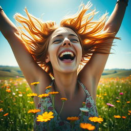 A close-up shot of an ecstatic woman with flowing, vibrant hair, her face filled with joy and excitement as she screams into the sky, surrounded by a field of colorful wildflowers swaying in the breeze