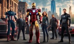 Elon Musk as Iron Man stands with the Avengers in Marvel's New York City