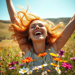 A close-up shot of an ecstatic woman with flowing, vibrant hair, her face filled with joy and excitement as she screams into the sky, surrounded by a field of colorful wildflowers swaying in the breeze