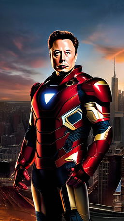 200mm portrait photograph of Elon Musk as Iron Man, standing with the Avengers in Marvel's New York City at sunset.